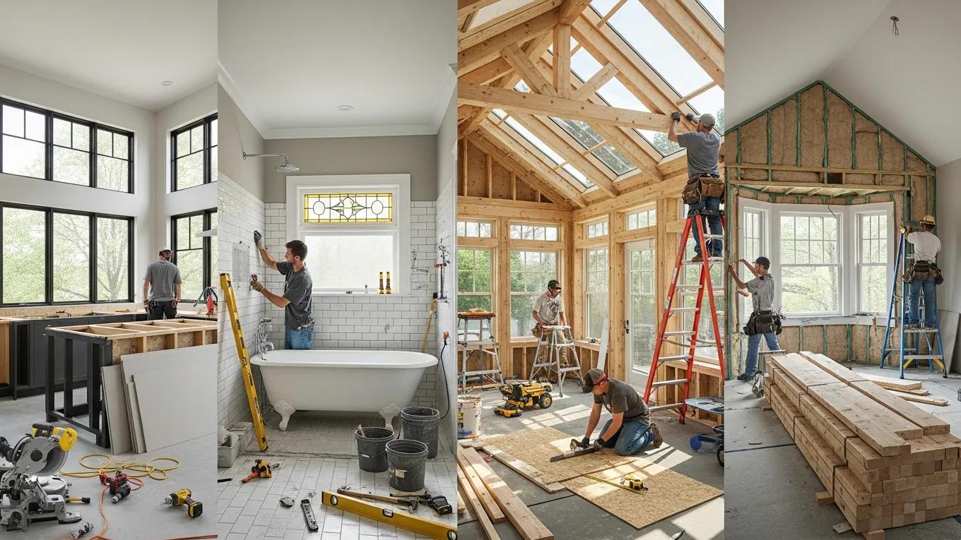 Construction scene of home additions showcasing various styles and associated costs