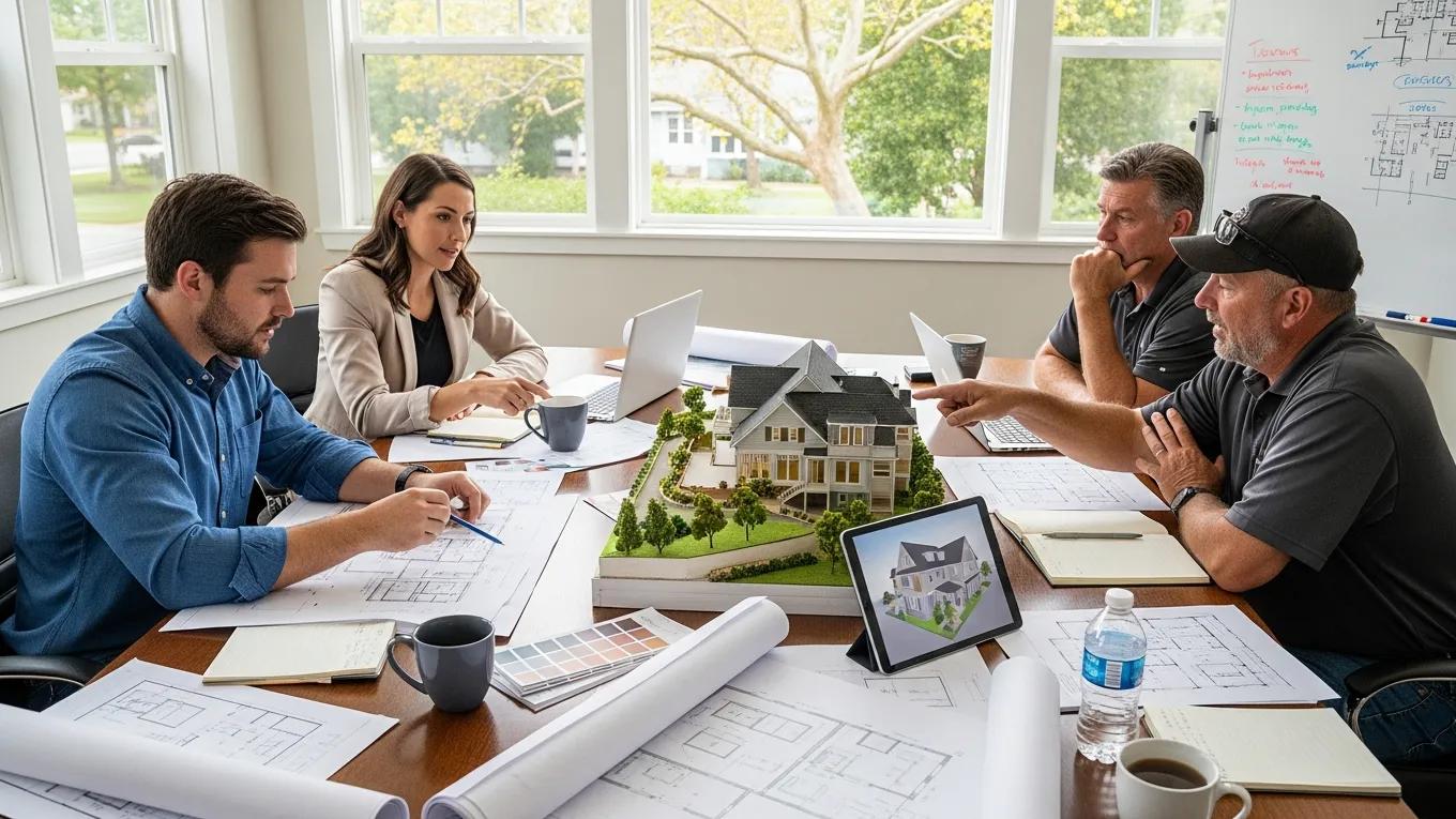 Design-build team collaborating with homeowner on home addition plans