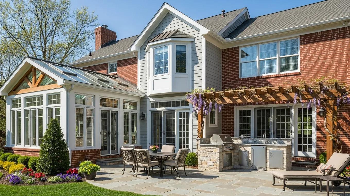 Maryland home showcasing popular home addition styles including sunroom and outdoor kitchen