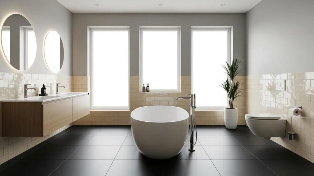 Modern bathroom design with luxurious bathtub and elegant fixtures